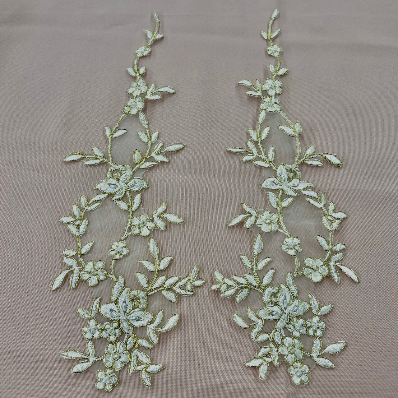 1 Pair Beaded & Corded Floral Lace Applique Embroidered on 100% Polyester Organza 16" X 5" Size